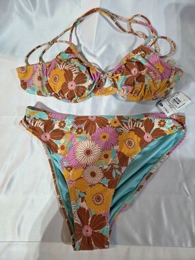 Retro Floral Two-Piece Bikini - Turquoise, Mustard & Brown